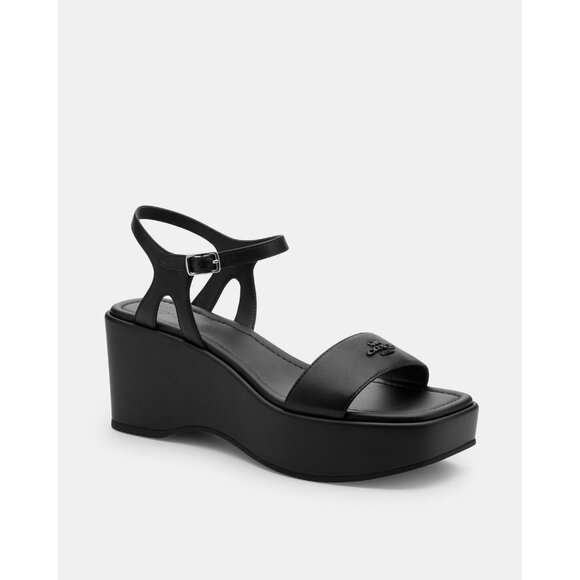 Coach Gala Wedge Sandals Women's Size 10 Black Leather Ankle Strap w/ Buckle - Picture 1 of 5